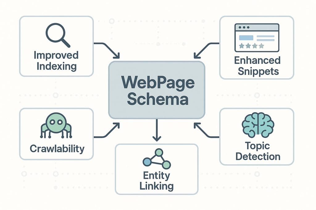 Infographic showing the benefits of WebPage schema, including indexing, crawlability, enhanced snippets, topic detection, entity linking, and schema nesting.