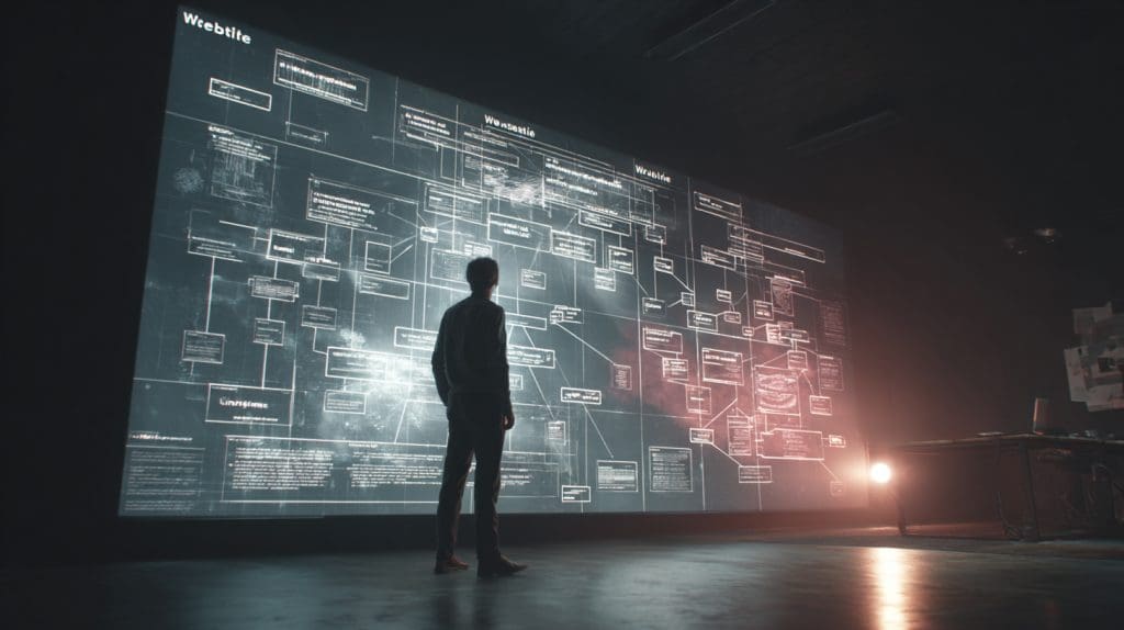 A strategic SEO professional analyzing an advanced WebSite schema map projected on a large screen, visualizing structured data relationships, crawl logic, and semantic site architecture in a cinematic, modern workspace.
