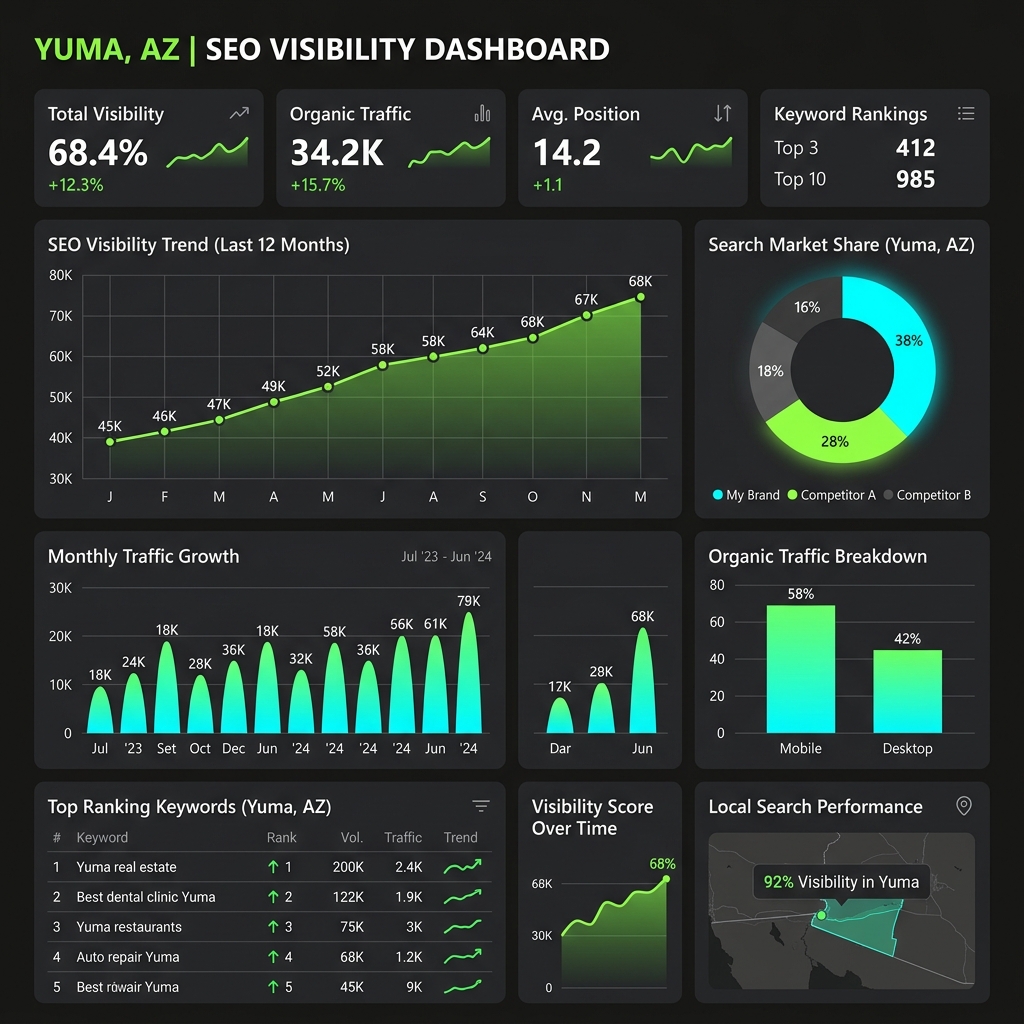 Yuma SEO Technical Performance and visibility pipeline chart